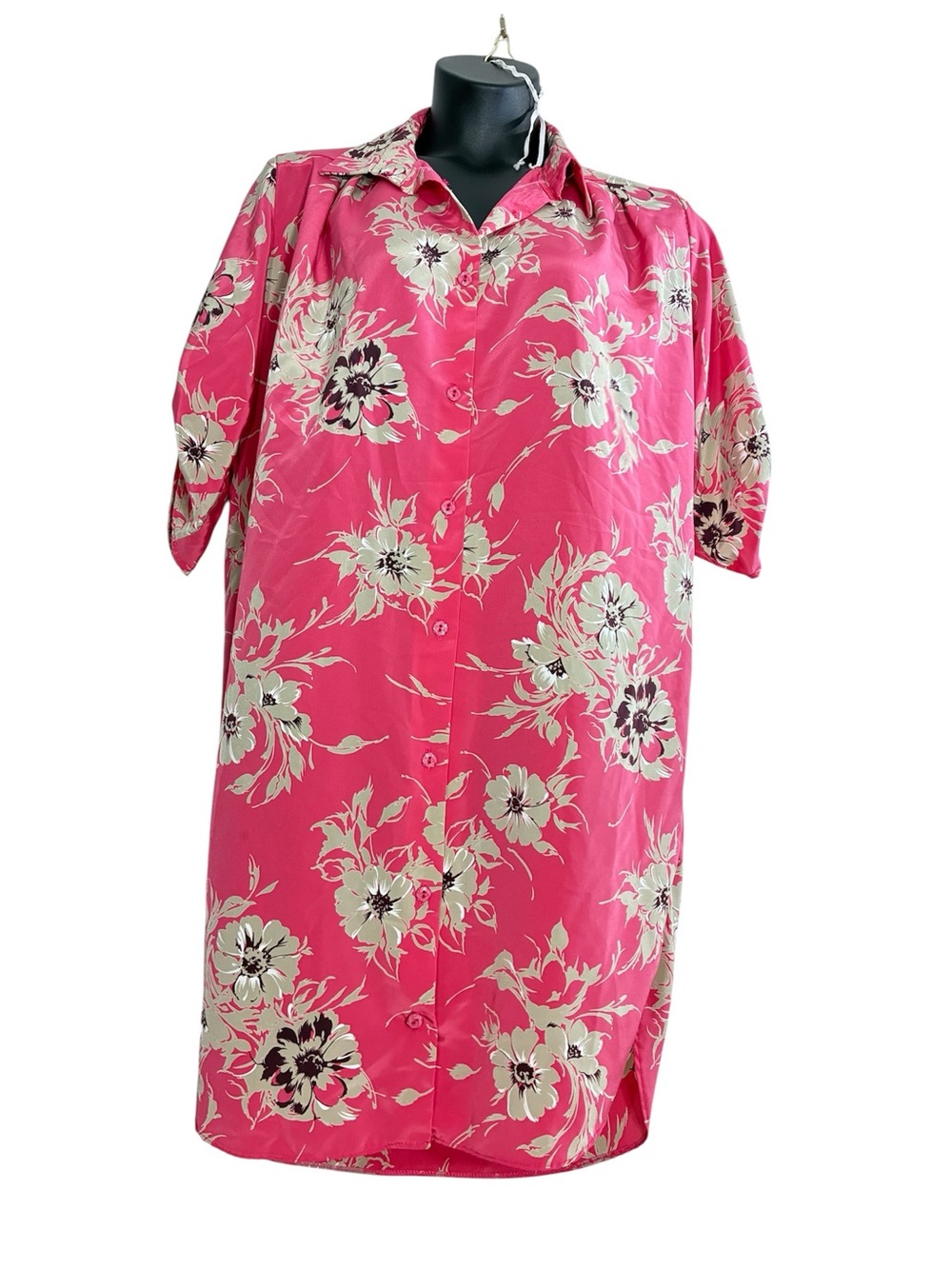 Vintage Pink Floral Button-Front Shirt Dress
